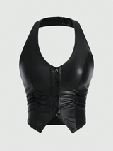 ROMWE Hippie Solid Color Women's Kpop Pu Leather Halter Neck Tank Top