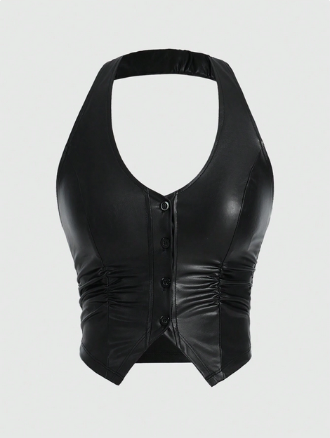 ROMWE Hippie Solid Color Women's Kpop Pu Leather Halter Neck Tank Top
