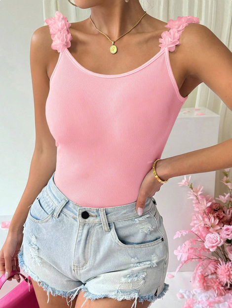 Rafferiza Flower Applique Backless Slim Fit Ribbed Tank Top For Summer