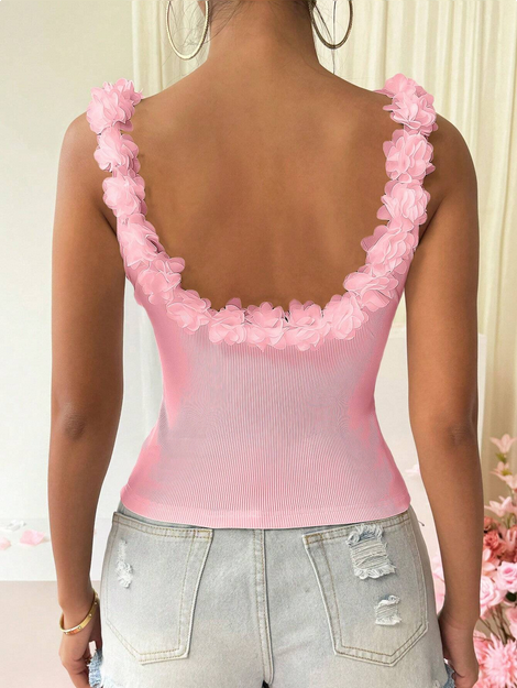Rafferiza Flower Applique Backless Slim Fit Ribbed Tank Top For Summer