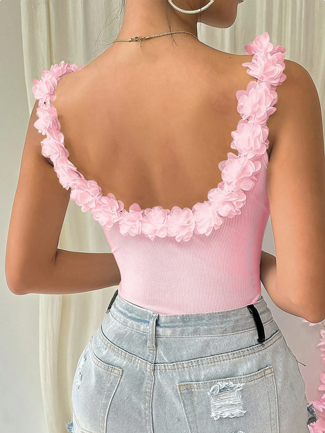 Rafferiza Flower Applique Backless Slim Fit Ribbed Tank Top For Summer