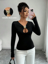 Rafferiza Ladies' Spring And Autumn Black Knitted Fabric With Metal Buckle Decoration Openwork