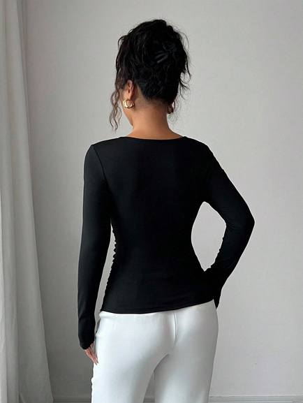 Rafferiza Ladies' Spring And Autumn Black Knitted Fabric With Metal Buckle Decoration Openwork