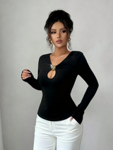 Rafferiza Ladies' Spring And Autumn Black Knitted Fabric With Metal Buckle Decoration Openwork