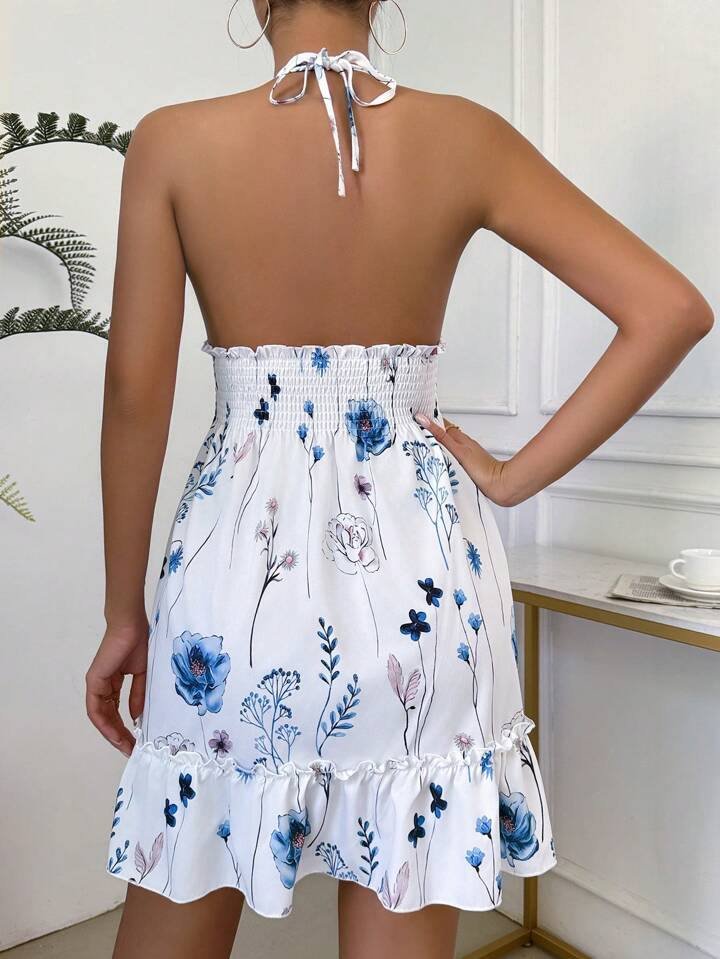 Rafferiza Summer Holiday Floral Print Halter Neck Backless Ruffle Hem Midi Dress With Tie Waist