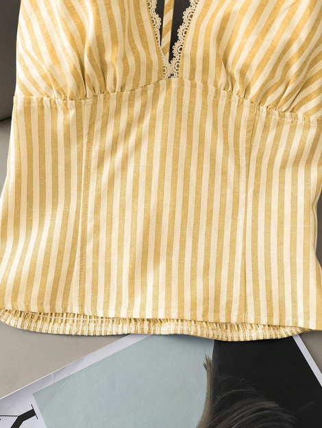 Resyla Stylish Yellow Striped Halter Neck Tank Top For Women Casual Woven Fabric