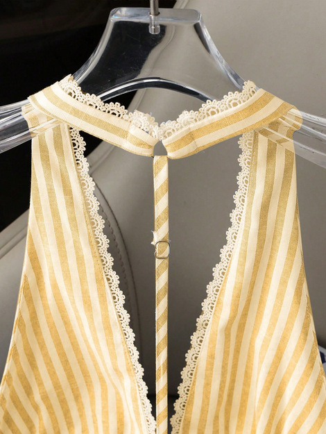 Resyla Stylish Yellow Striped Halter Neck Tank Top For Women Casual Woven Fabric