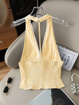 Resyla Stylish Yellow Striped Halter Neck Tank Top For Women Casual Woven Fabric