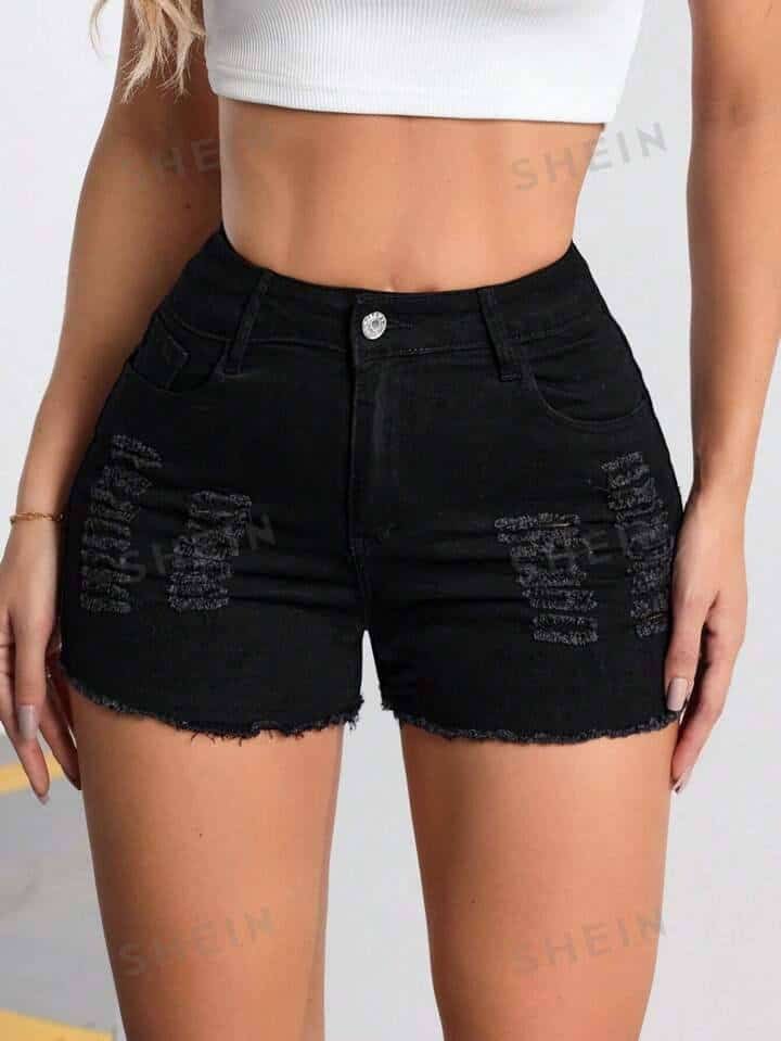 Ripped Raw Hem Denim Shorts