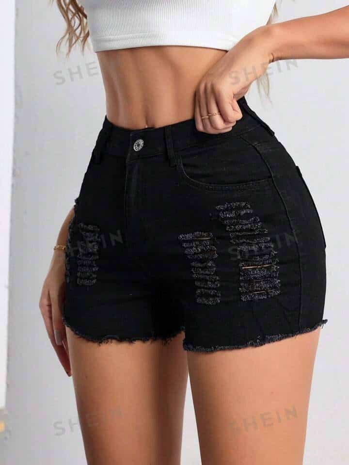 Ripped Raw Hem Denim Shorts