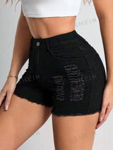 Ripped Raw Hem Denim Shorts