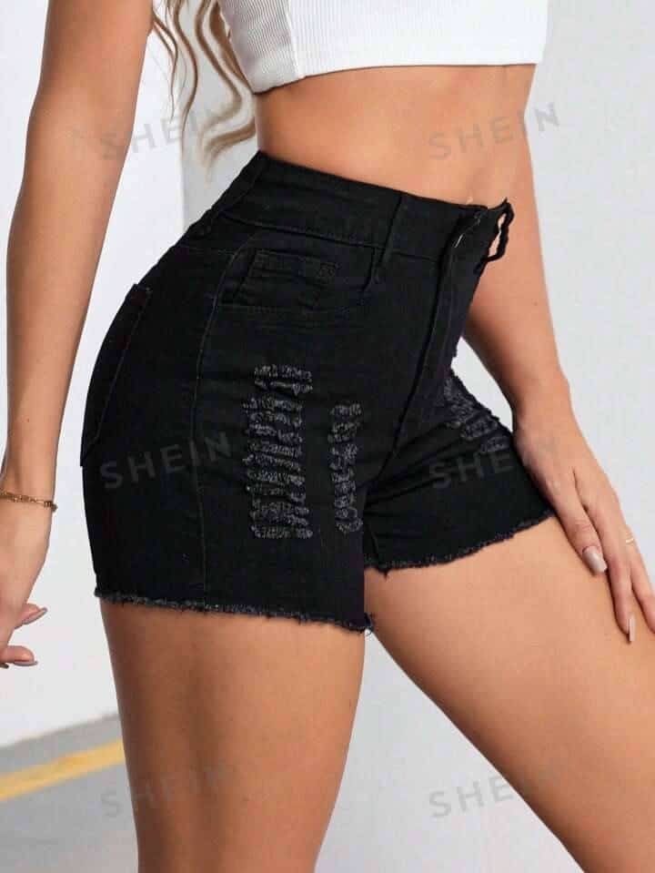 Ripped Raw Hem Denim Shorts