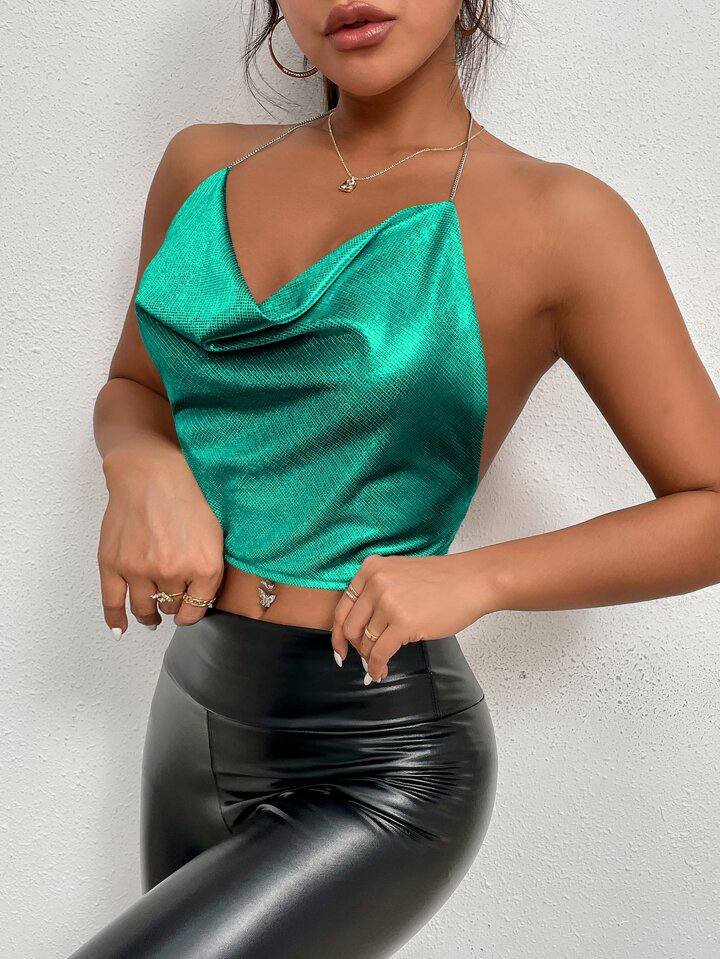 SHEIN Allurite Draped Collar Chain Detail Tie Backless Glitter Halter Top