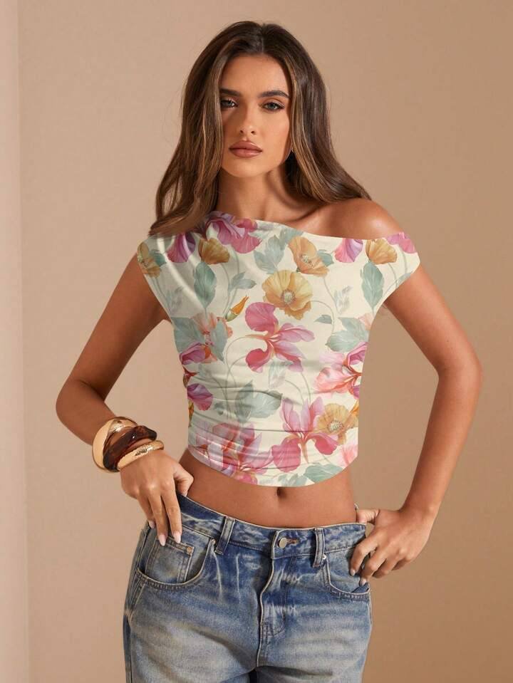 SHEIN BAE 1pc Women Tight Fit Asymmetric Shoulder Ruched Crop Top