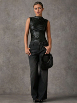 SHEIN BAE Black PU Leather Sleeveless Open Shoulder Ruched Bodysuits, Autumn, Halloween