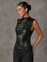 SHEIN BAE Black PU Leather Sleeveless Open Shoulder Ruched Bodysuits, Autumn, Halloween