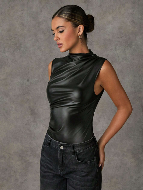 SHEIN BAE Black PU Leather Sleeveless Open Shoulder Ruched Bodysuits, Autumn, Halloween
