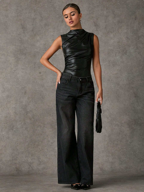 SHEIN BAE Black PU Leather Sleeveless Open Shoulder Ruched Bodysuits, Autumn, Halloween