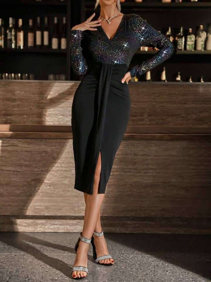 SHEIN BAE Contrast Sequin Draped Front Split Hem Bodycon Dress