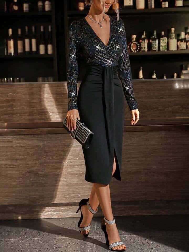 SHEIN BAE Contrast Sequin Draped Front Split Hem Bodycon Dress
