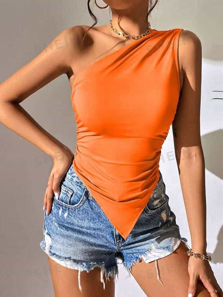 SHEIN BAE One Shoulder Ruched Hanky Hem Top