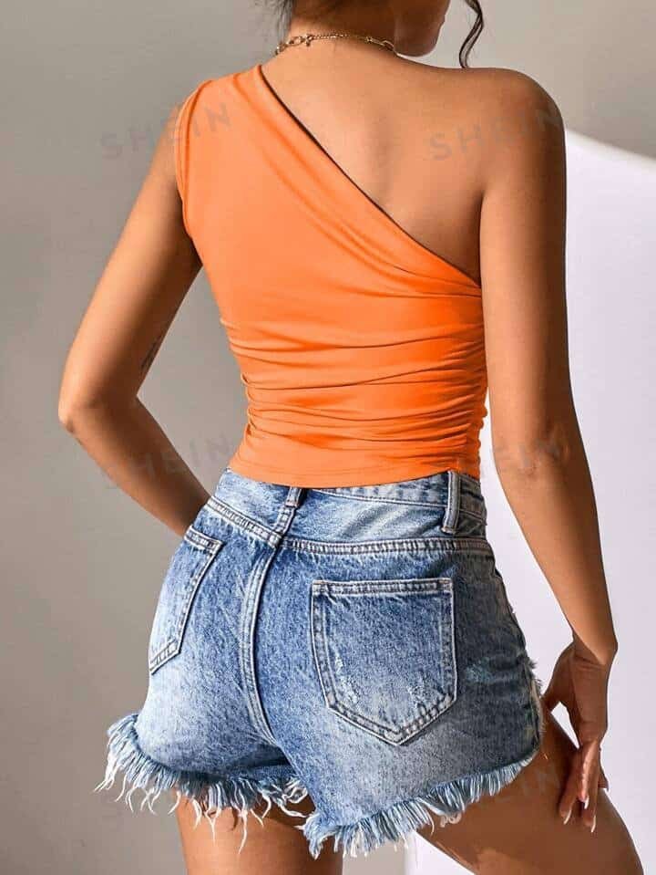 SHEIN BAE One Shoulder Ruched Hanky Hem Top