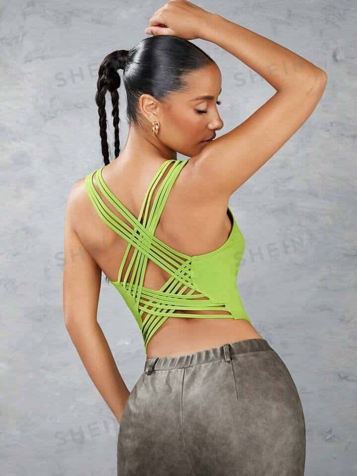 SHEIN BAE Solid Color Square Neckline Criss-Cross Thin Straps Backless Slim Fit Tank Top For Summer