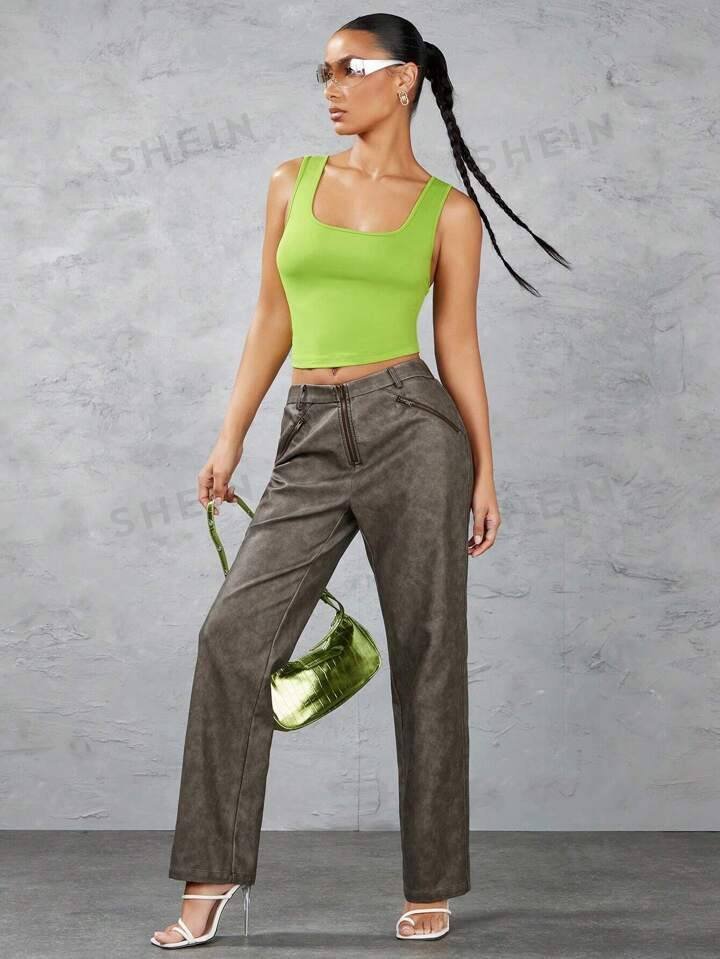 SHEIN BAE Solid Color Square Neckline Criss-Cross Thin Straps Backless Slim Fit Tank Top For Summer