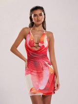 SHEIN BAE Women's Summer Elegant Vacation Beach Outing Tropical Prints Halter Neck And Open Back
