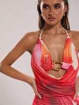 SHEIN BAE Women's Summer Elegant Vacation Beach Outing Tropical Prints Halter Neck And Open Back
