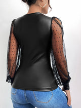 SHEIN Contrast Dobby Mesh Lantern Sleeve PU Leather Top
