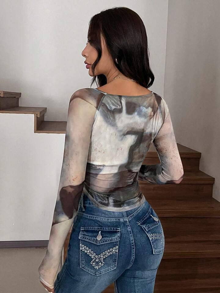 SHEIN EZwear Asymmetrical Pattern Square Neck Asymmetric Hem Mesh Short Date Top