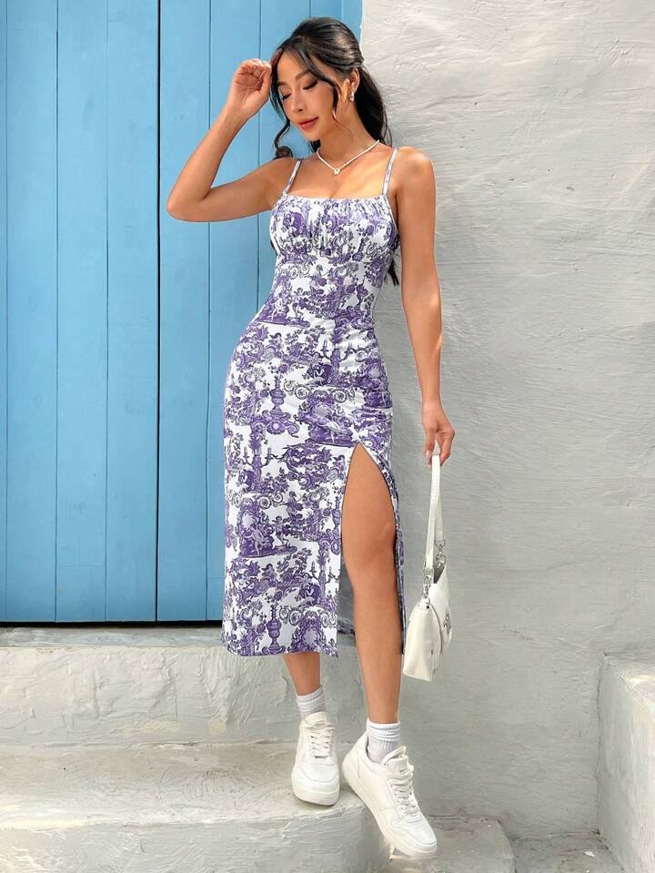 SHEIN EZwear Floral Printed Knitted Camisole Dress For Women, Sleeveless