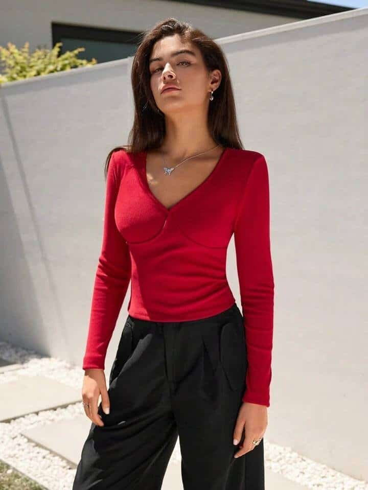 SHEIN EZwear Solid V Neck Tee
