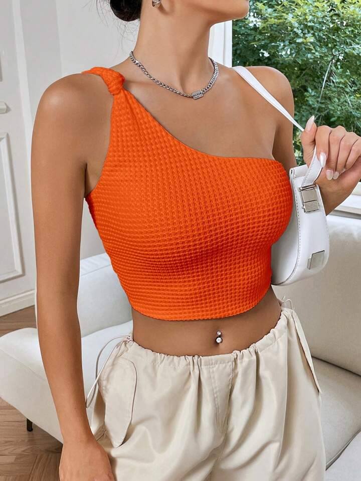 SHEIN EZwear Summer TopsOne Shoulder Knot Detail Crop Top