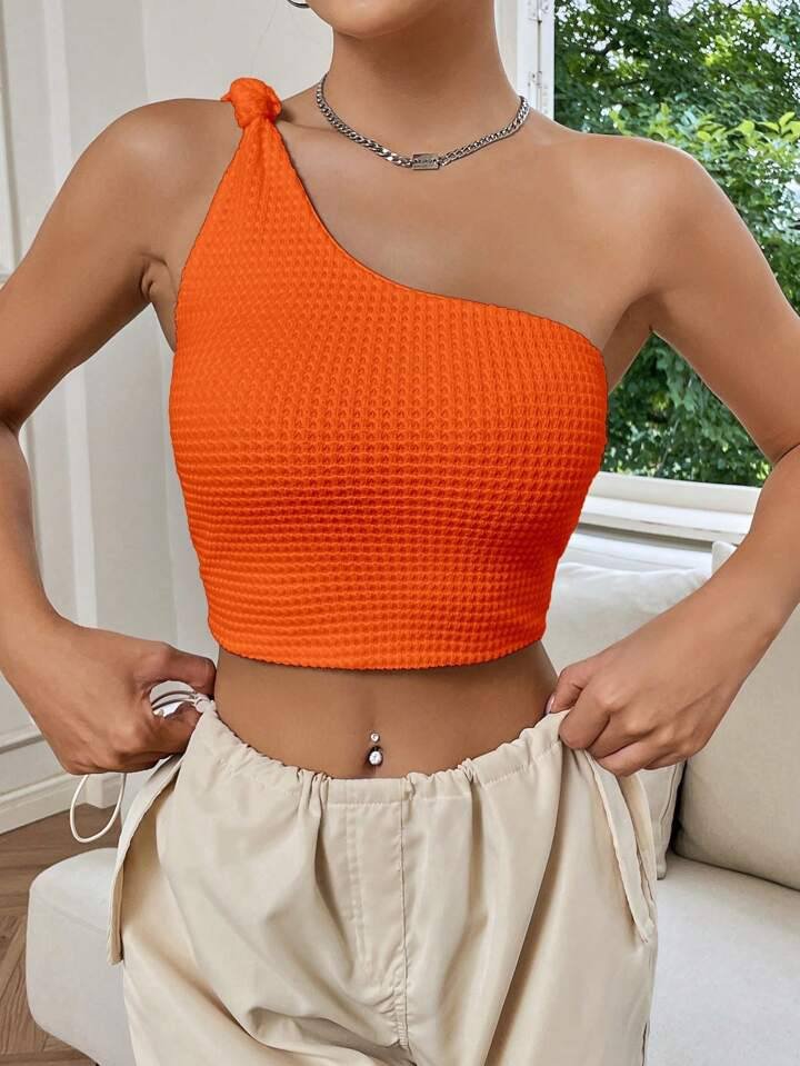 SHEIN EZwear Summer TopsOne Shoulder Knot Detail Crop Top