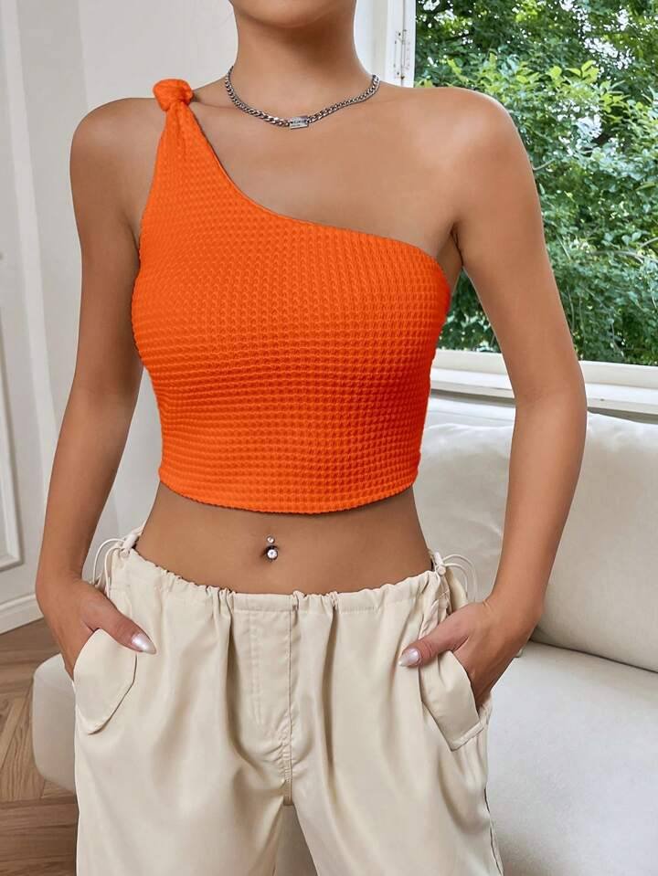 SHEIN EZwear Summer TopsOne Shoulder Knot Detail Crop Top