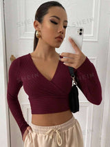 SHEIN EZwear Surplice Neck Rib-knit Crop Tee