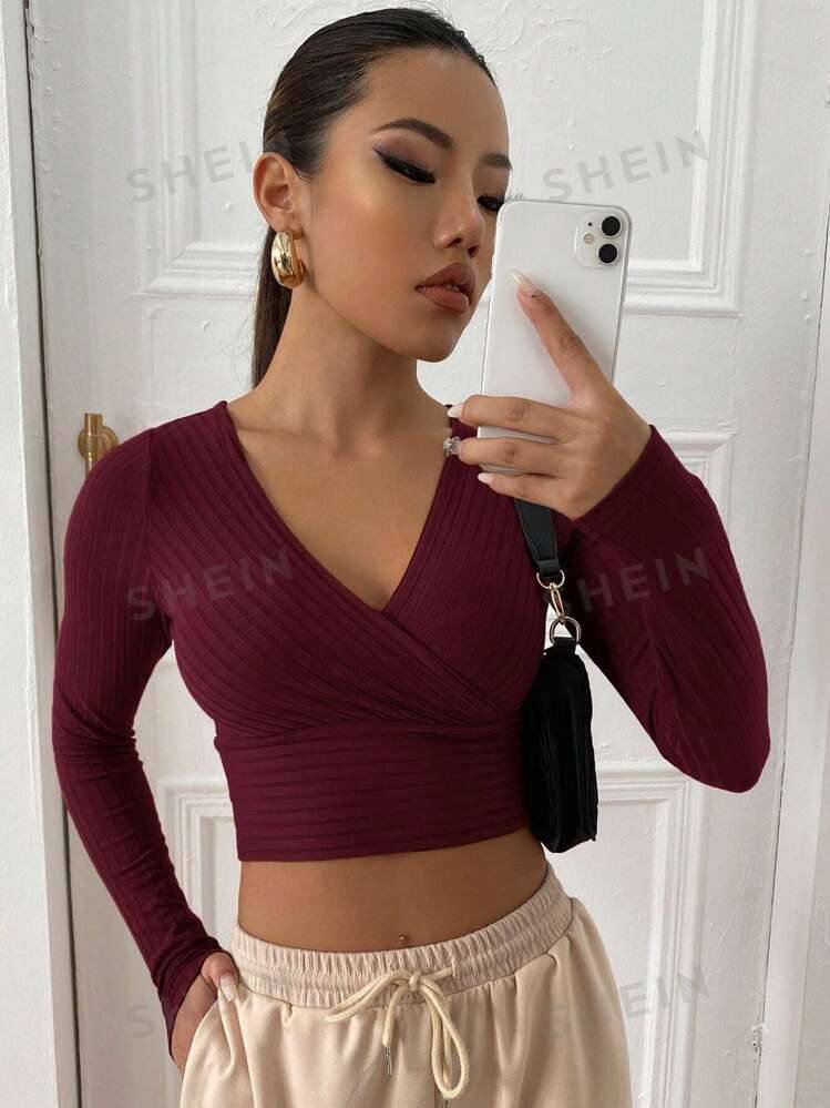 SHEIN EZwear Surplice Neck Rib-knit Crop Tee