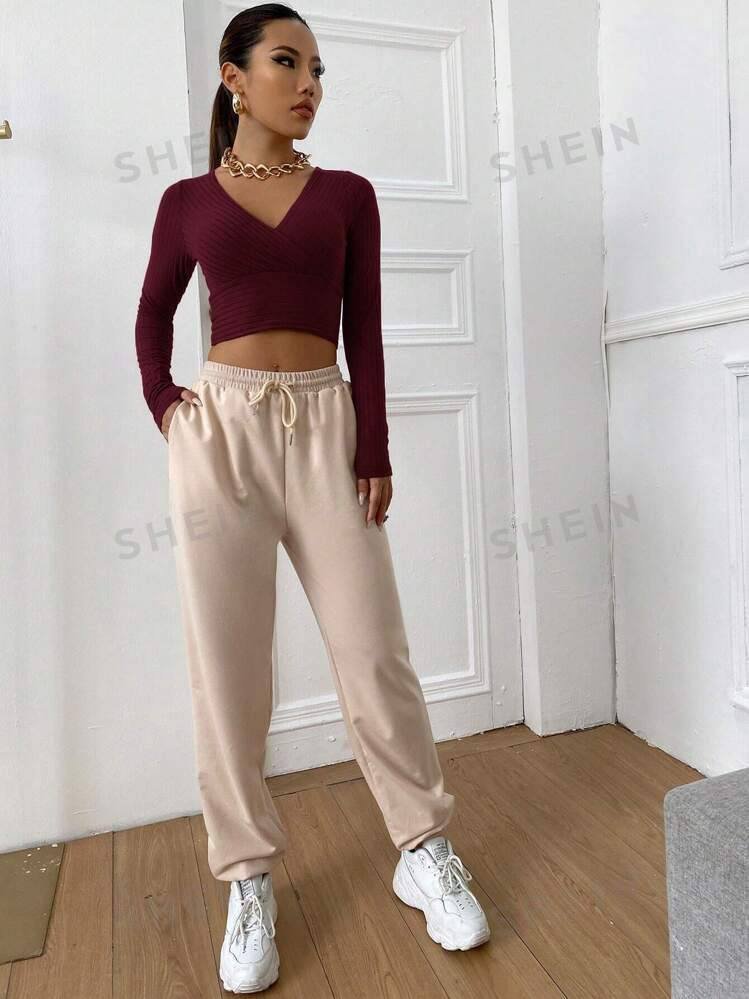 SHEIN EZwear Surplice Neck Rib-knit Crop Tee