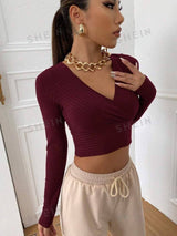 SHEIN EZwear Surplice Neck Rib-knit Crop Tee
