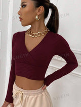 SHEIN EZwear Surplice Neck Rib-knit Crop Tee