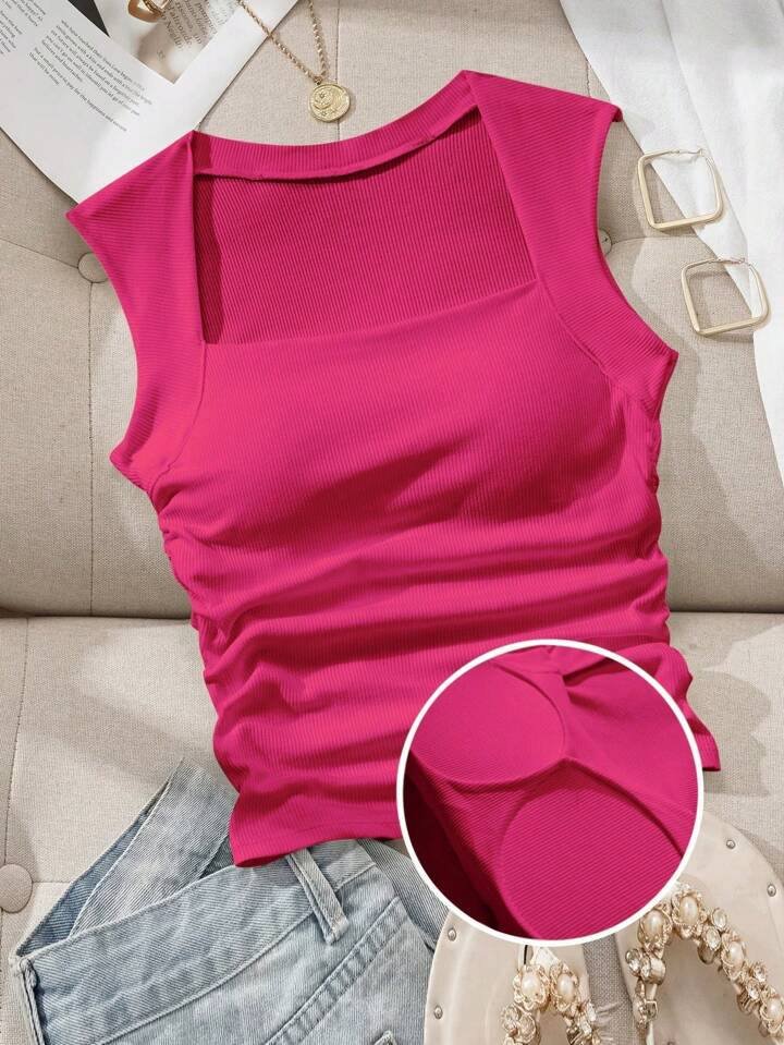 SHEIN EZwear Wireless Slim Fit Women Tank Top With Removable Pads, Square Neckline, Spring Summer