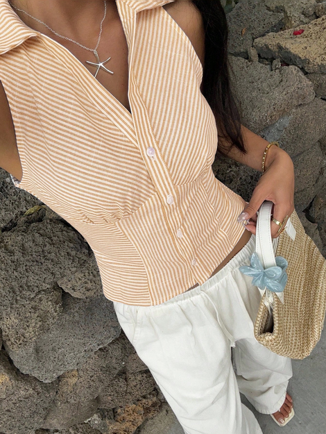 SHEIN EZwear Women's Sleeveless Fitted Striped Shirt, Summer Cute Yellow Top