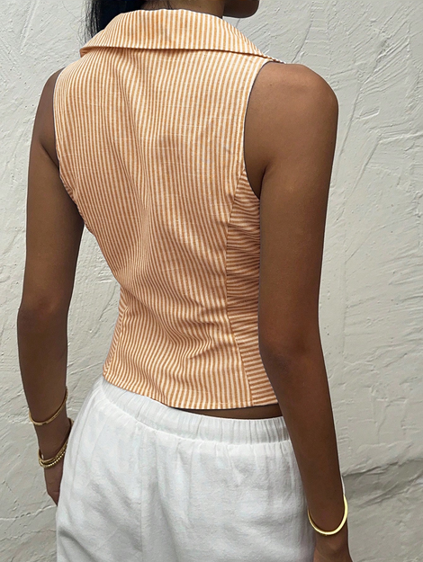 SHEIN EZwear Women's Sleeveless Fitted Striped Shirt, Summer Cute Yellow Top
