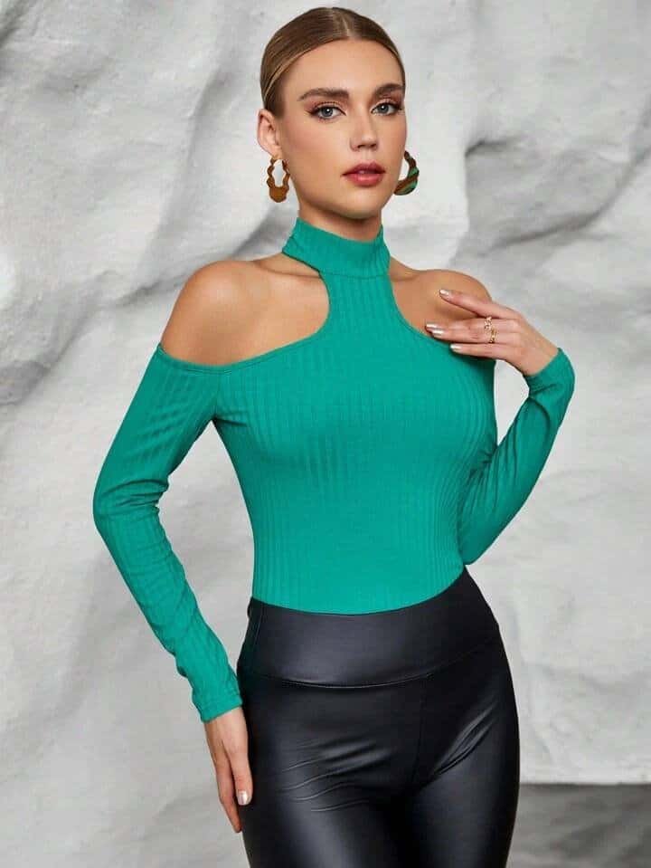 SHEIN Essnce Cold Shoulder Ribbed Knit Tee
