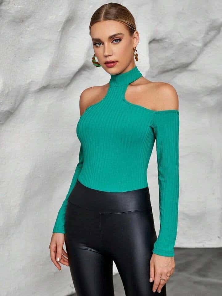 SHEIN Essnce Cold Shoulder Ribbed Knit Tee