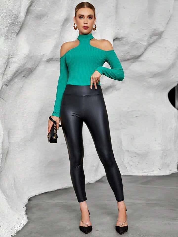 SHEIN Essnce Cold Shoulder Ribbed Knit Tee