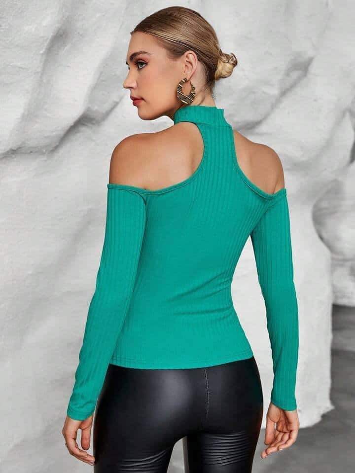 SHEIN Essnce Cold Shoulder Ribbed Knit Tee