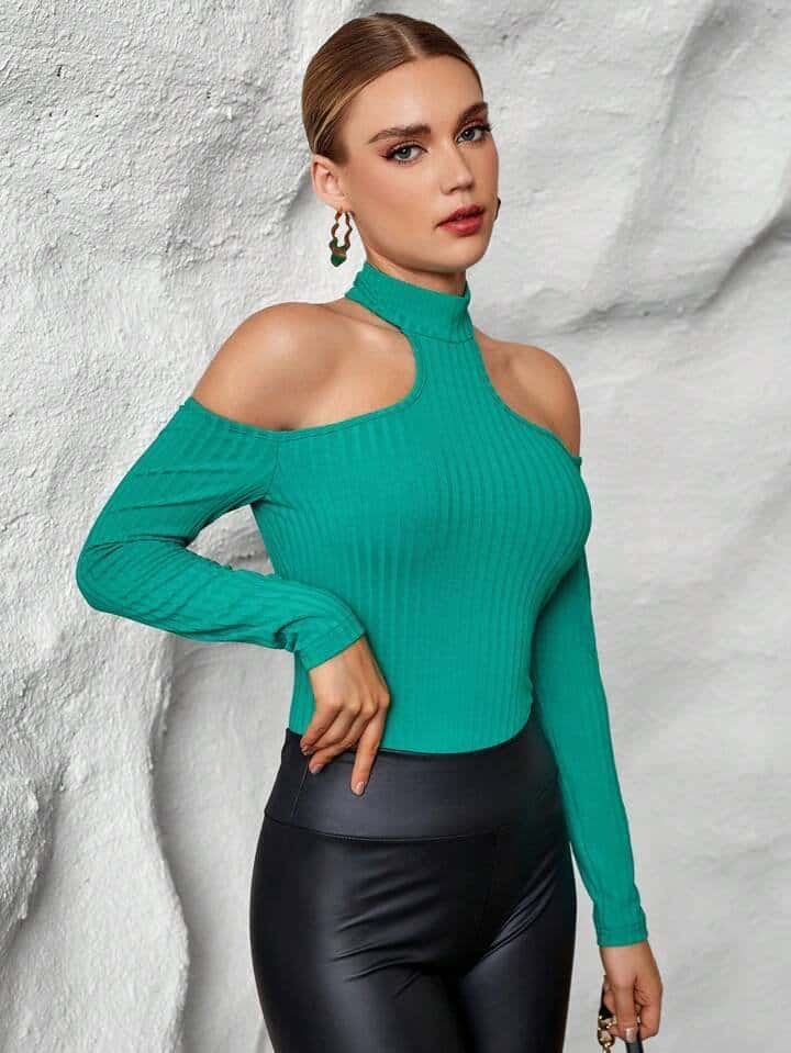 SHEIN Essnce Cold Shoulder Ribbed Knit Tee